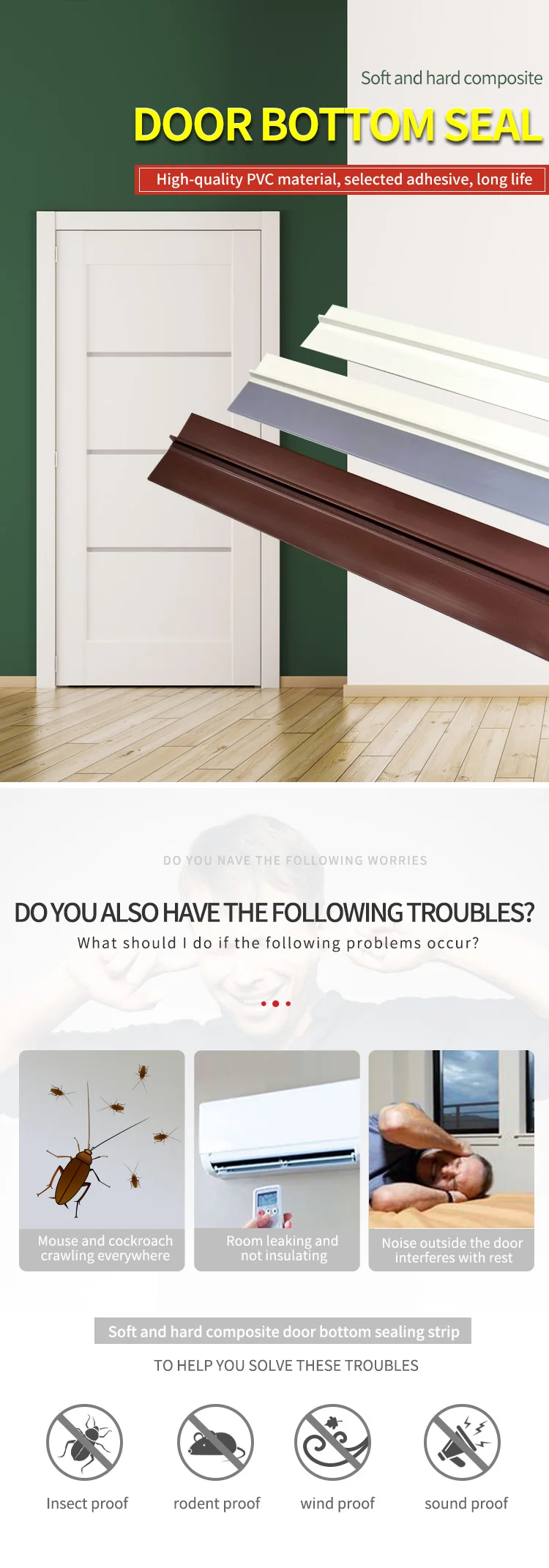 Door Bottom Seal Strip Self Adhesive Draught Excluder Strip Soundproof Weather Stripping for Front Door Bottom